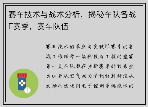 赛车技术与战术分析，揭秘车队备战F赛季，赛车队伍