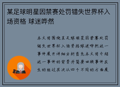 某足球明星因禁赛处罚错失世界杯入场资格 球迷哗然