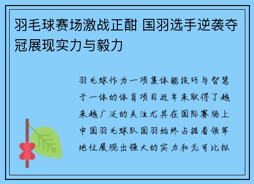 羽毛球赛场激战正酣 国羽选手逆袭夺冠展现实力与毅力