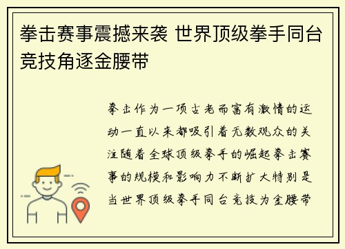 拳击赛事震撼来袭 世界顶级拳手同台竞技角逐金腰带