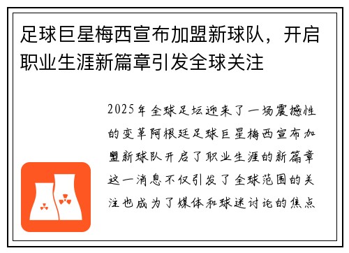 足球巨星梅西宣布加盟新球队，开启职业生涯新篇章引发全球关注