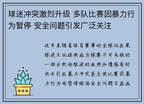 球迷冲突激烈升级 多队比赛因暴力行为暂停 安全问题引发广泛关注