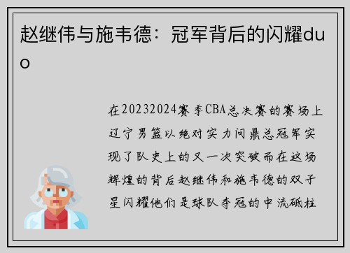 赵继伟与施韦德：冠军背后的闪耀duo