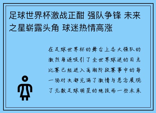 足球世界杯激战正酣 强队争锋 未来之星崭露头角 球迷热情高涨