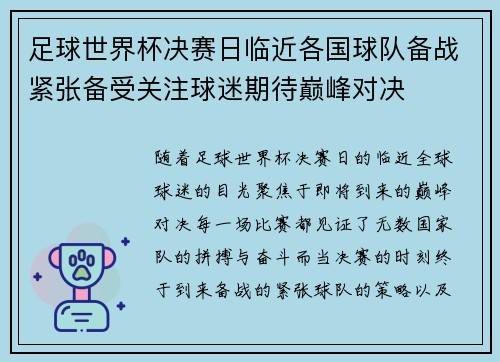 足球世界杯决赛日临近各国球队备战紧张备受关注球迷期待巅峰对决