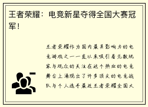 王者荣耀：电竞新星夺得全国大赛冠军！